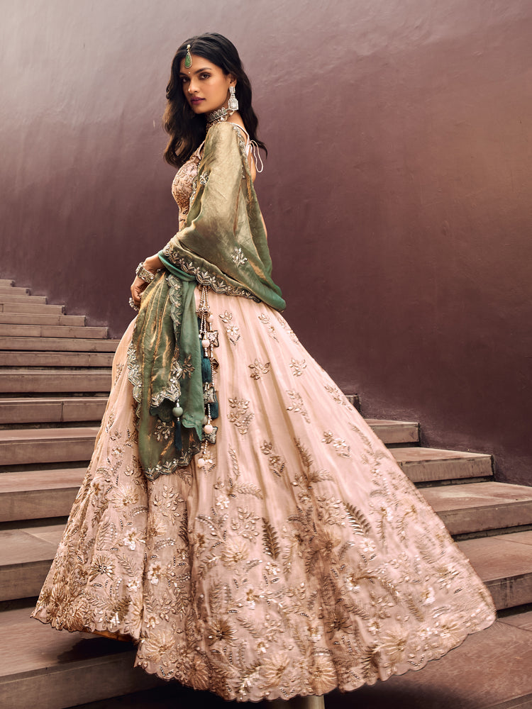 Beige Green Viscos fabric Sequins work Semi-Stitched Lehenga choli & Dupatta