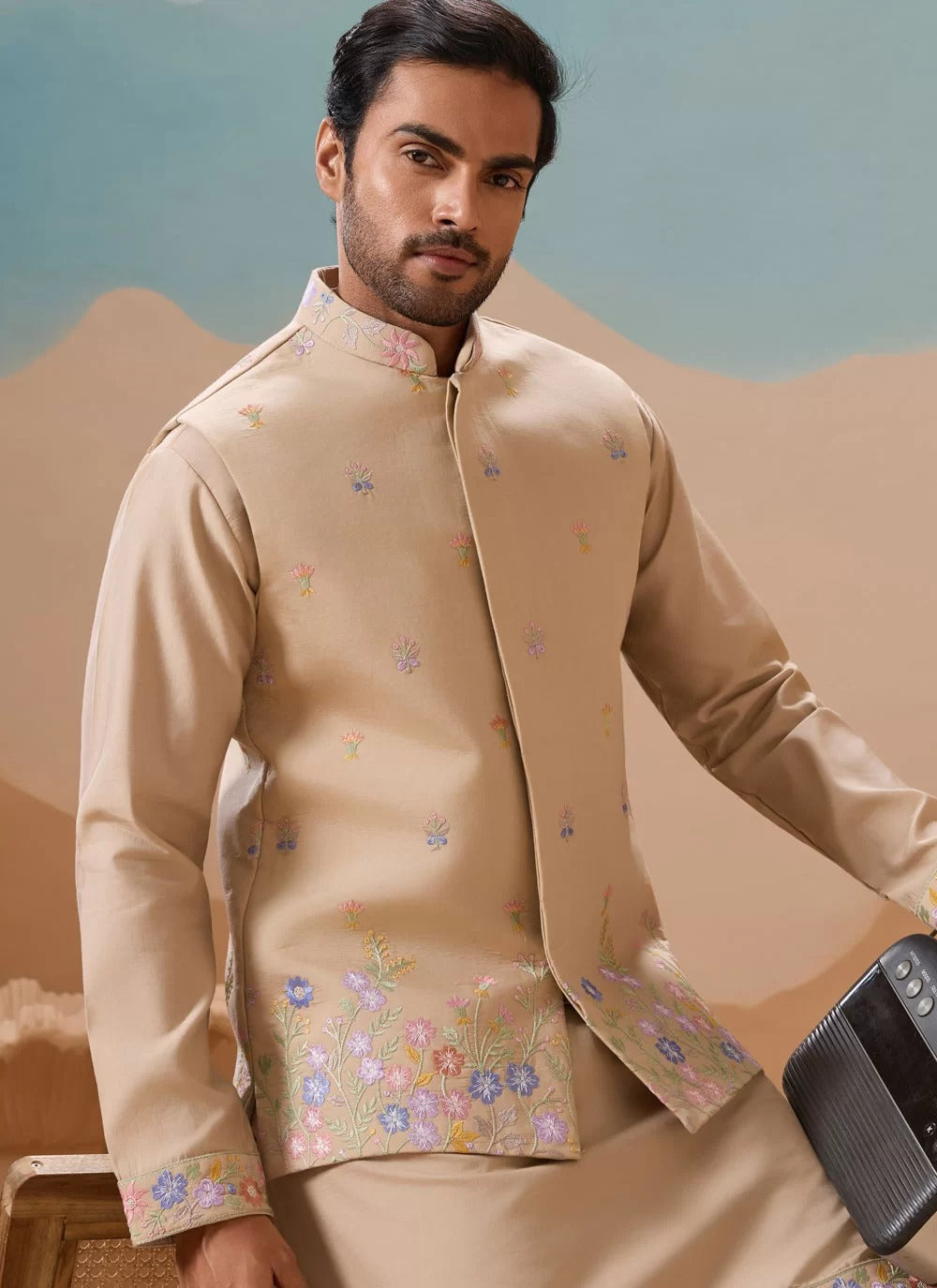 Refined beige embroidered kurta koti set for men in viscose silk