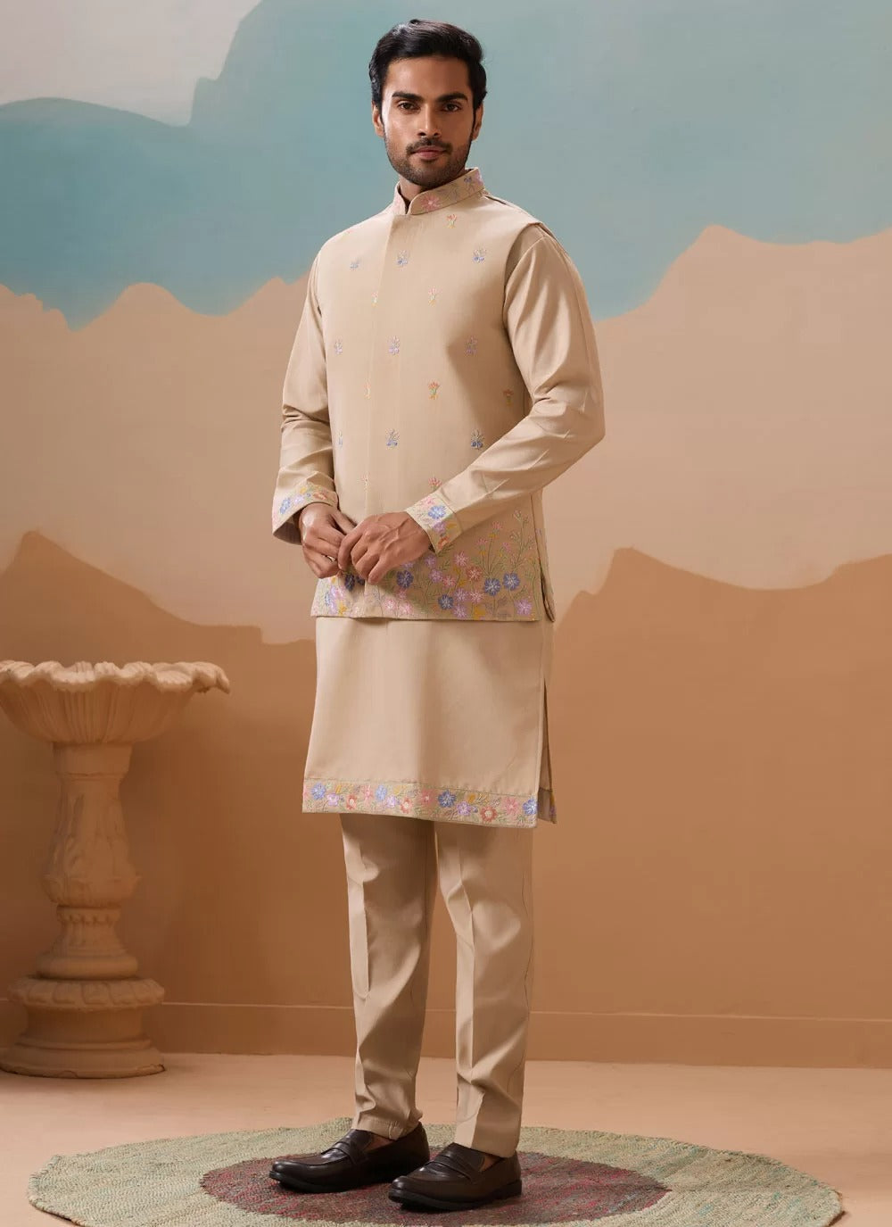 Refined beige embroidered kurta koti set for men in viscose silk