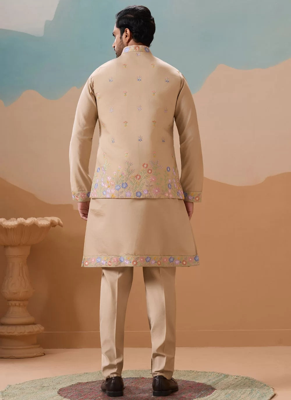 Refined beige embroidered kurta koti set for men in viscose silk