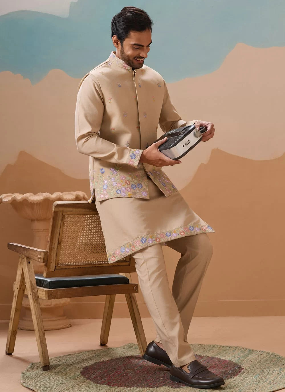Refined beige embroidered kurta koti set for men in viscose silk