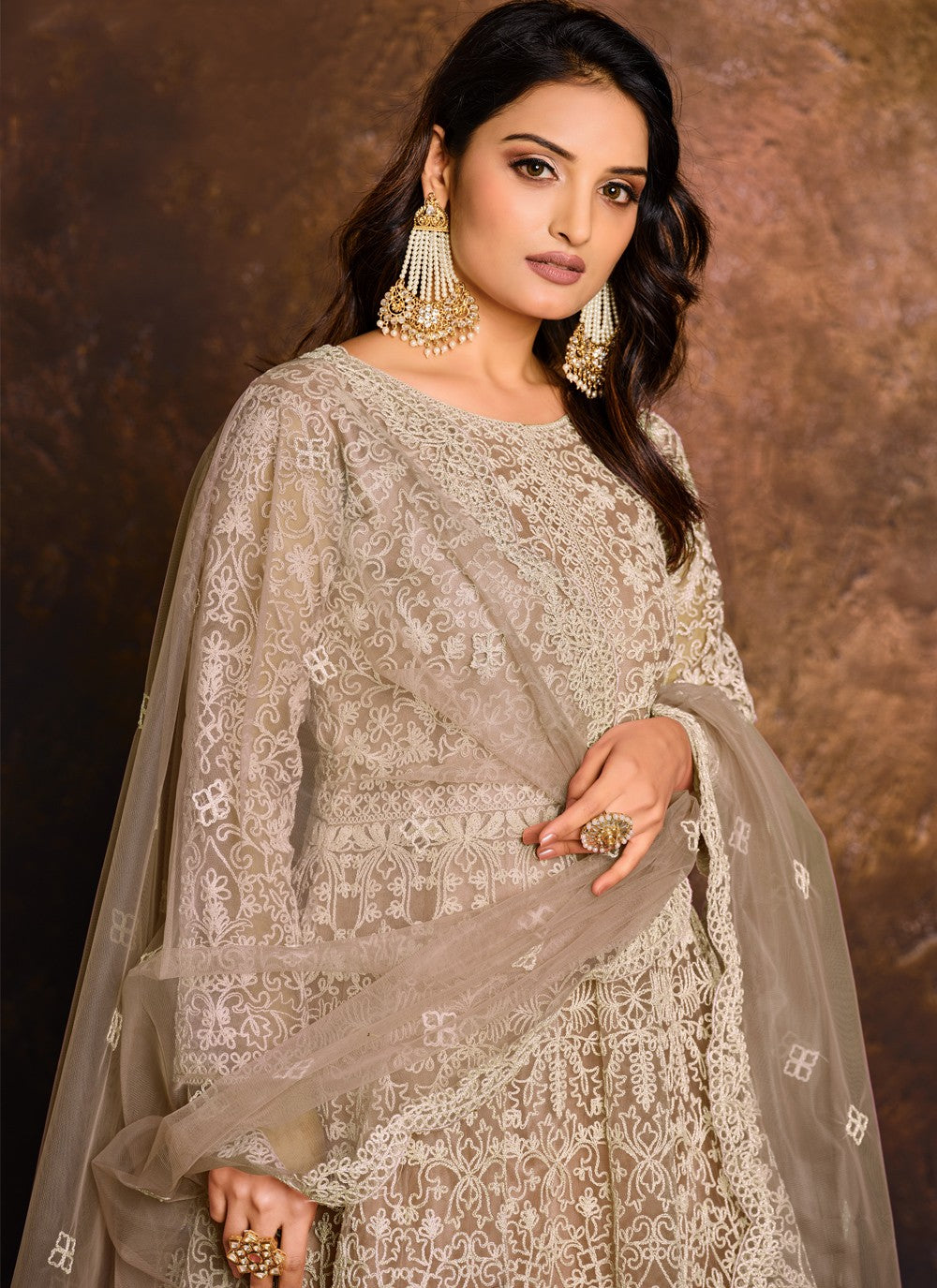 Beige net embroidered floor length anarkali for women