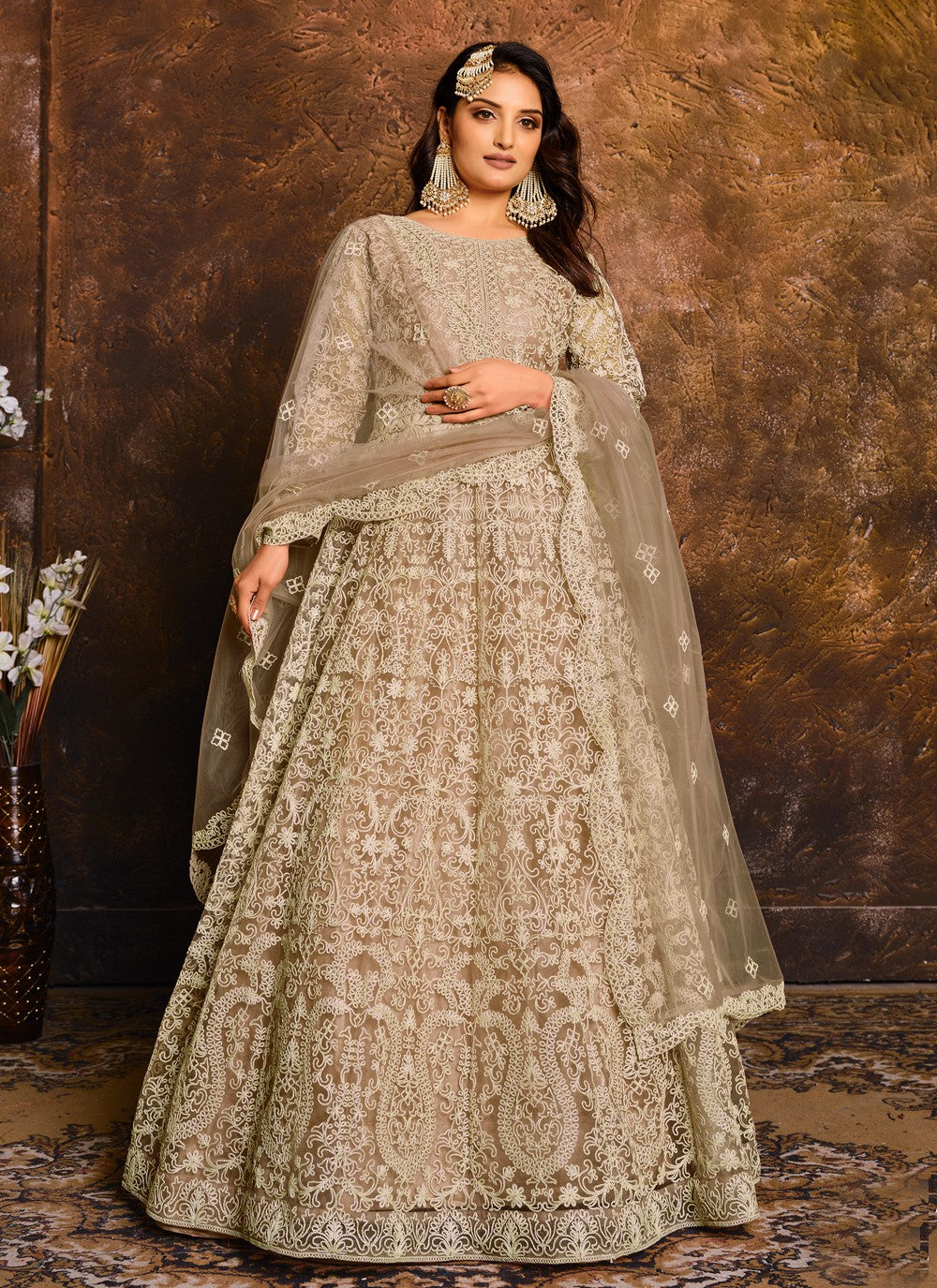Beige net embroidered floor length anarkali for women