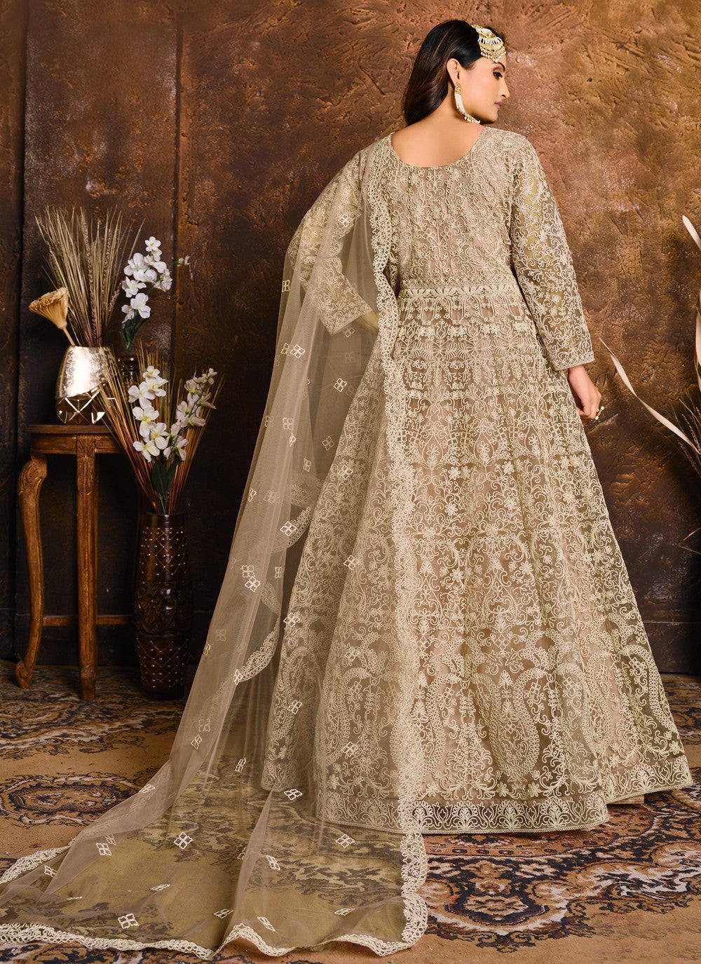 Beige net embroidered floor length anarkali for women