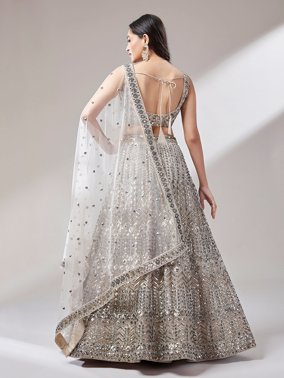 Beige - Net Mirror & Sequins Embroidery Semi-Stitched Lehenga choli