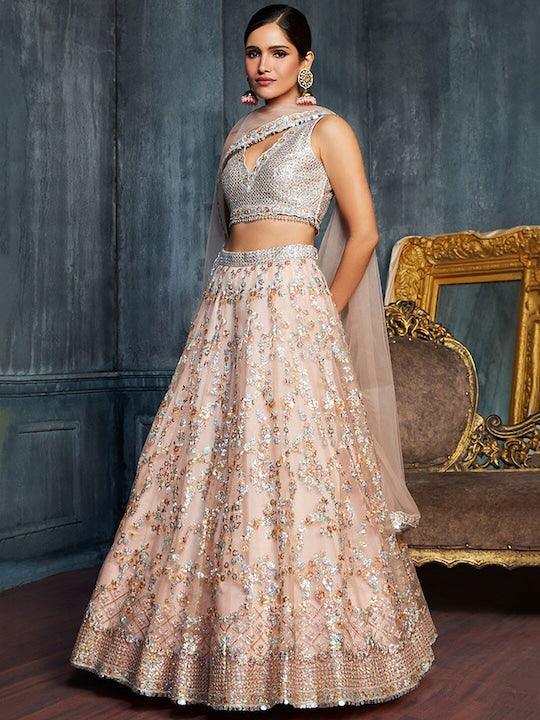 Beige Net Thread Work Kalidar lehenga choli