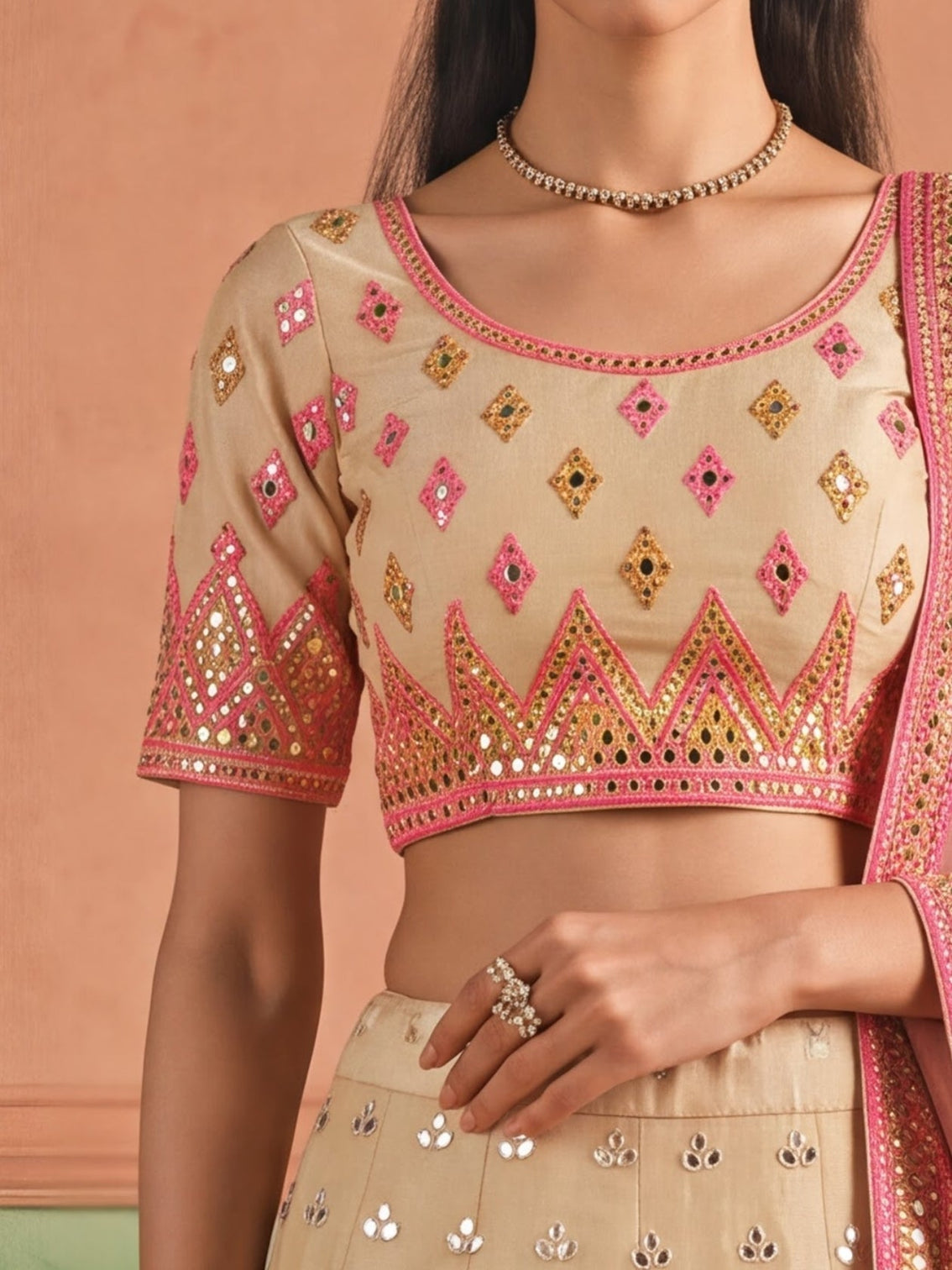 Beige Organza Embroidered Foil Mirror Work Lehenga Choli