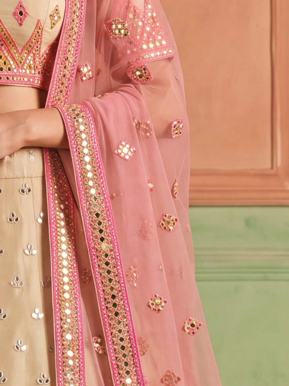 Beige Organza Embroidered Foil Mirror Work Lehenga Choli