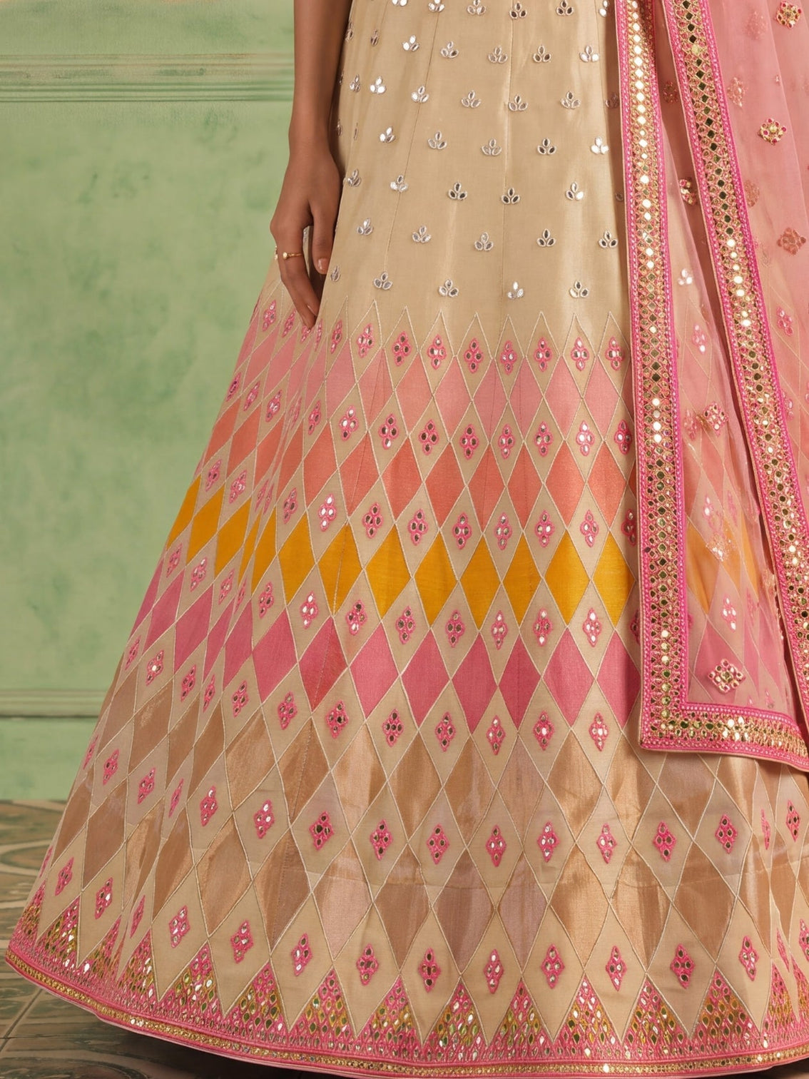 Beige Organza Embroidered Foil Mirror Work Lehenga Choli