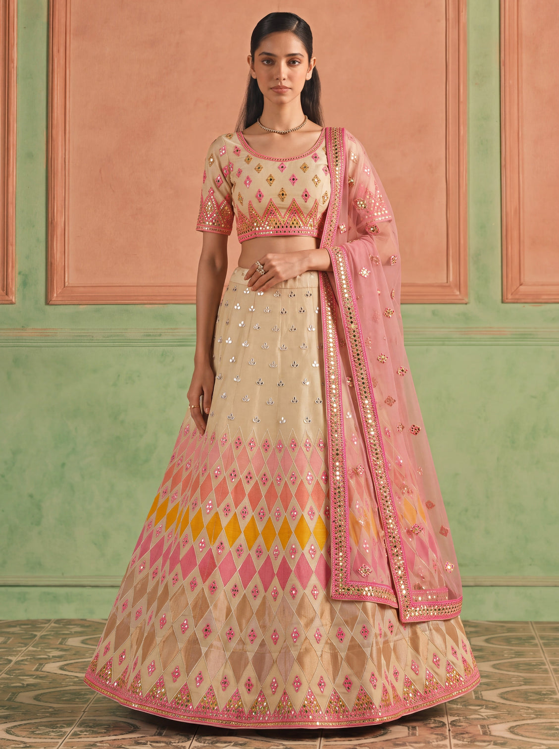 Beige Organza Embroidered Foil Mirror Work Lehenga Choli