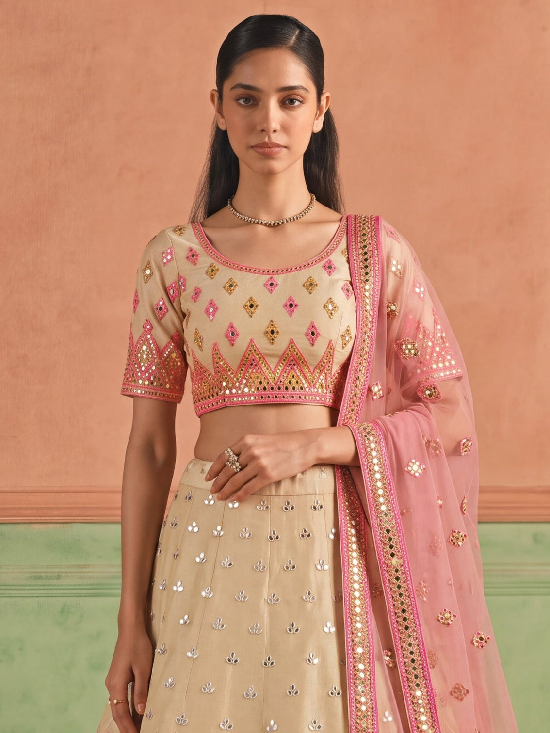 Beige Organza Embroidered Foil Mirror Work Lehenga Choli