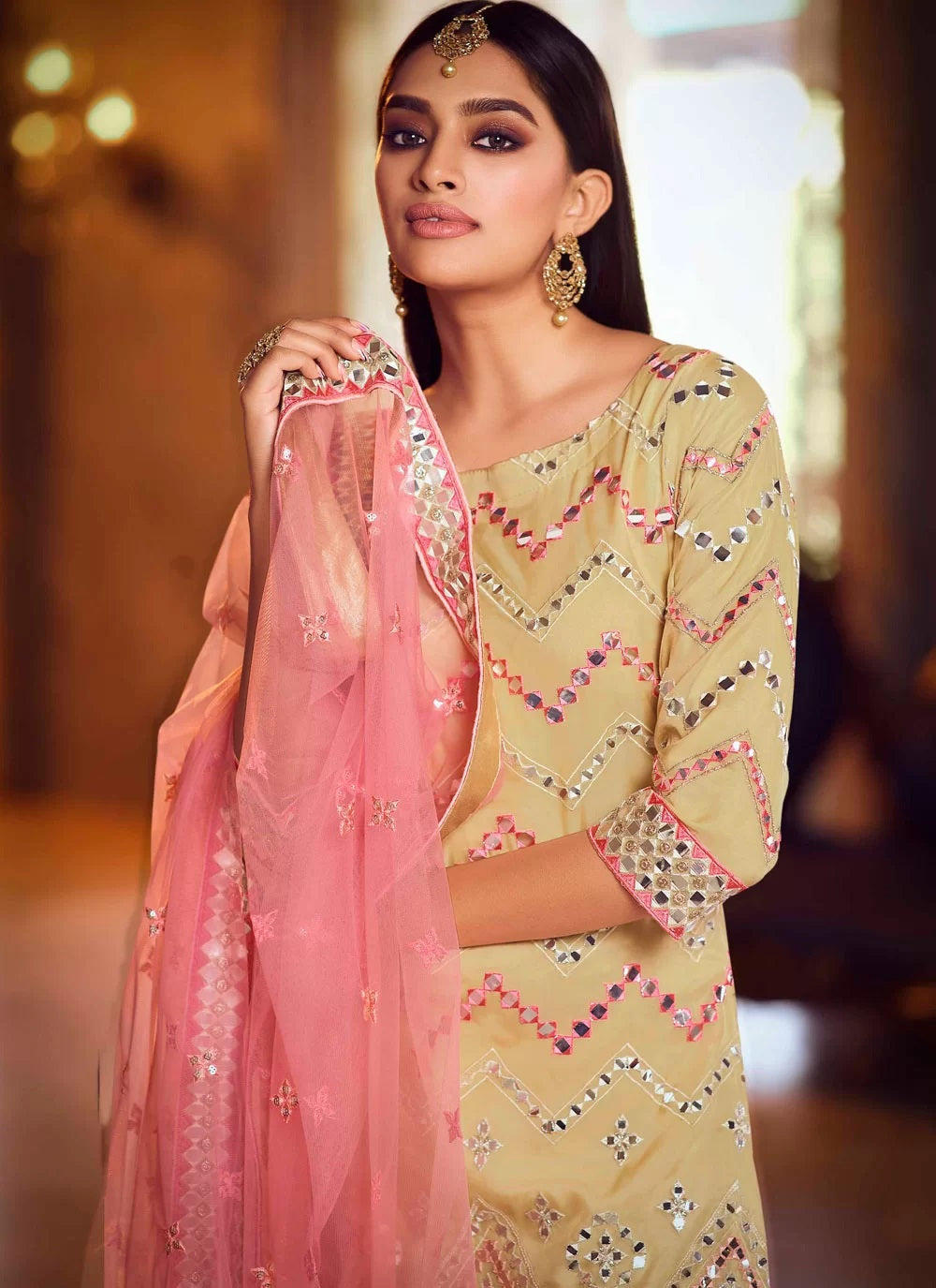 Beige organza sharara bottom salwar suit