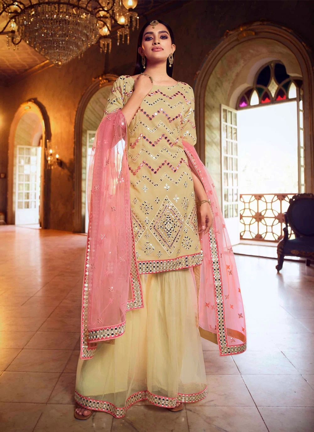 Beige organza sharara bottom salwar suit