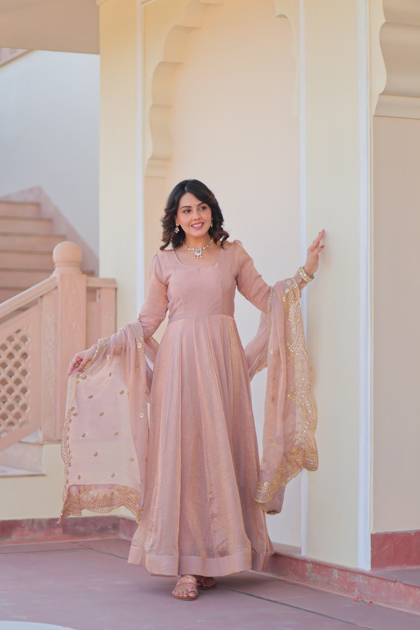Beige Premium Fendy Chiffon 12-Kali Gown with Embroidered Cut-Work Dupatta
