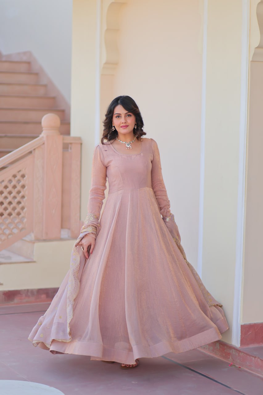 Beige Premium Fendy Chiffon 12-Kali Gown with Embroidered Cut-Work Dupatta