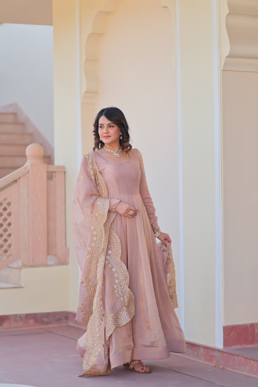 Beige Premium Fendy Chiffon 12-Kali Gown with Embroidered Cut-Work Dupatta