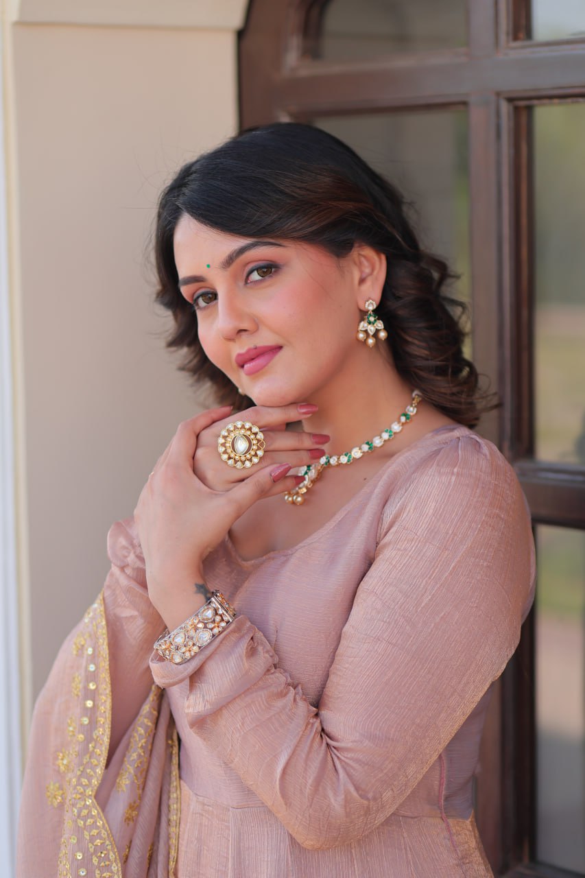 Beige Premium Fendy Chiffon 12-Kali Gown with Embroidered Cut-Work Dupatta