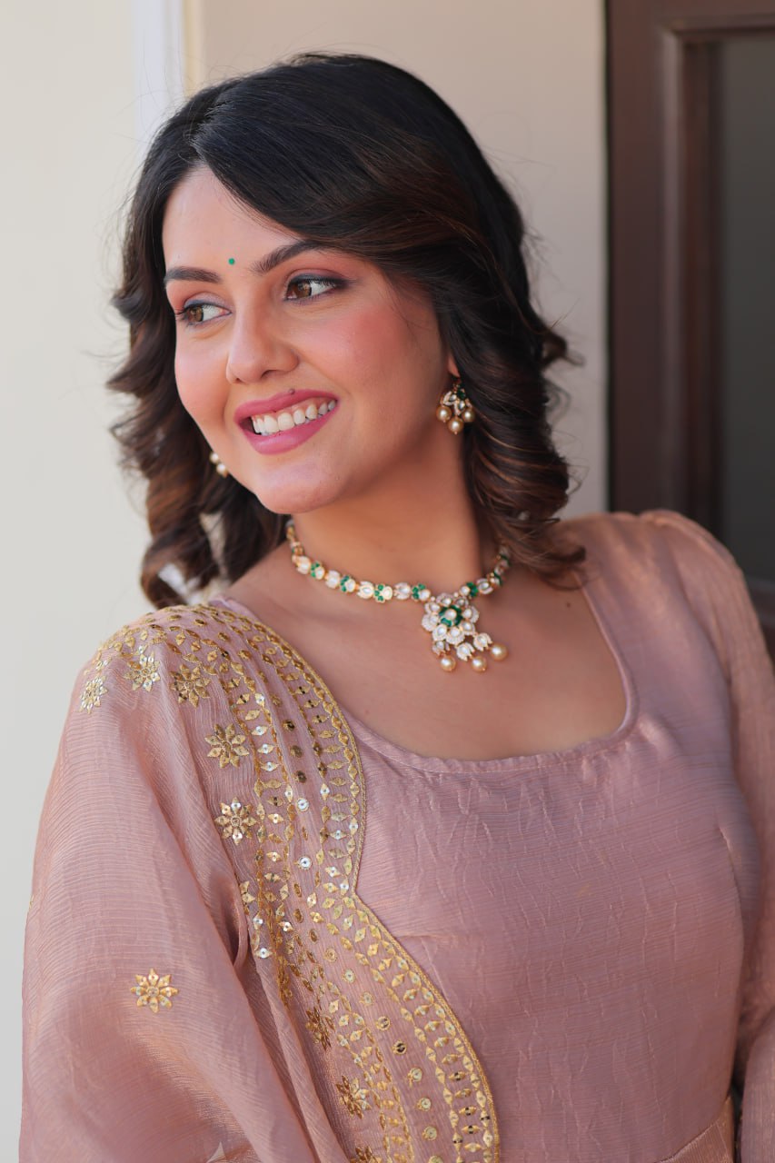 Beige Premium Fendy Chiffon 12-Kali Gown with Embroidered Cut-Work Dupatta