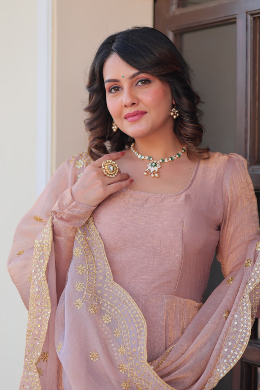 Beige Premium Fendy Chiffon 12-Kali Gown with Embroidered Cut-Work Dupatta