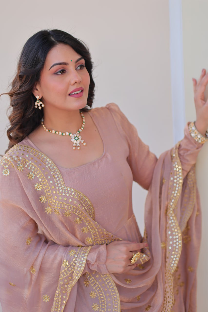 Beige Premium Fendy Chiffon 12-Kali Gown with Embroidered Cut-Work Dupatta