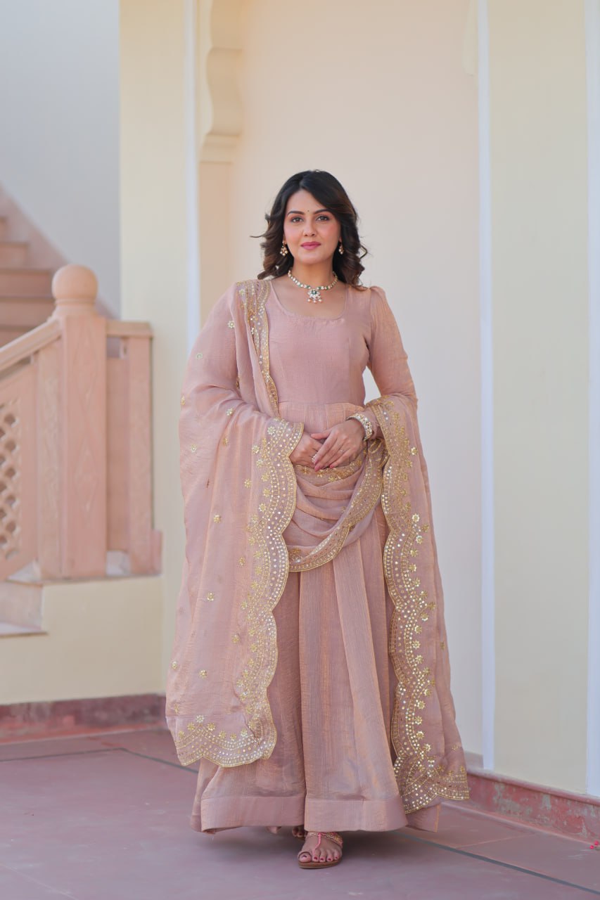 Beige Premium Fendy Chiffon 12-Kali Gown with Embroidered Cut-Work Dupatta