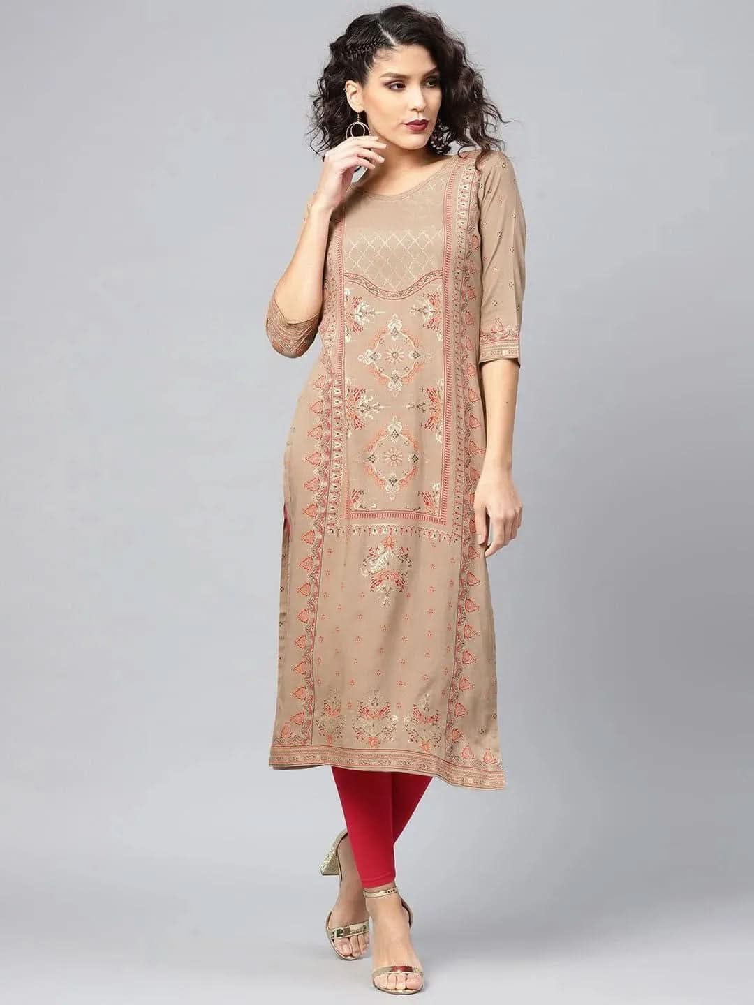 Libas Beige Printed Rayon Kurta