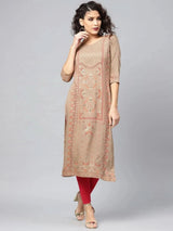 Libas Beige Printed Rayon Kurta