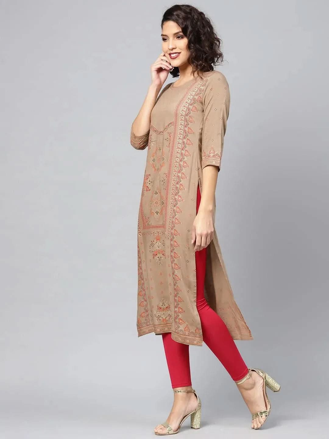 Libas Beige Printed Rayon Kurta
