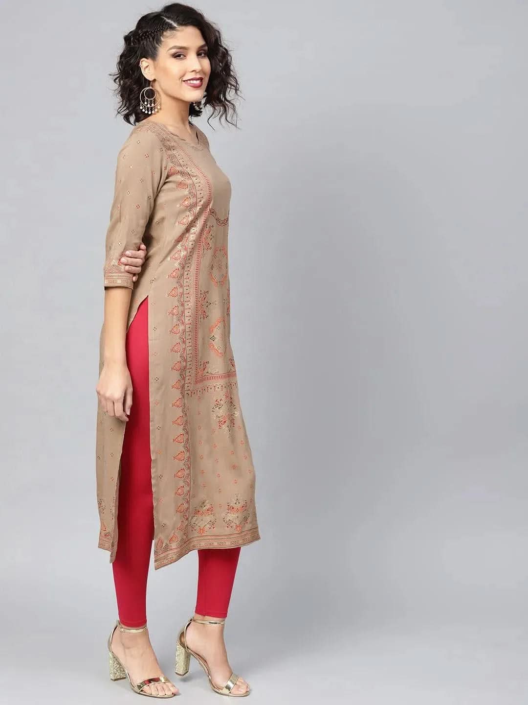 Libas Beige Printed Rayon Kurta