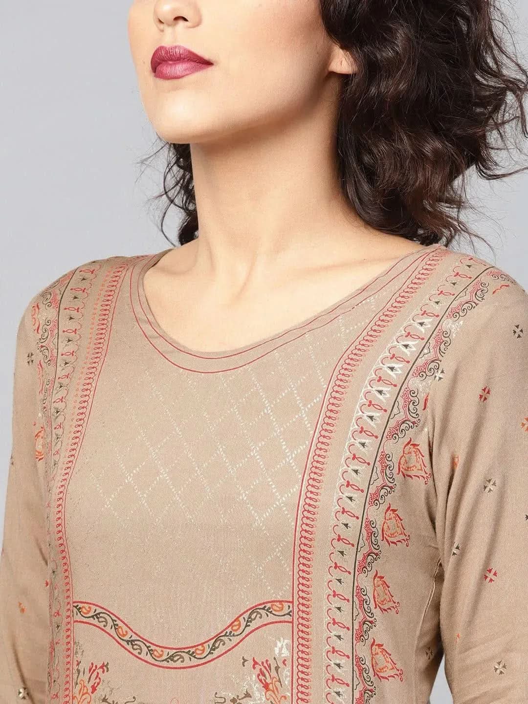 Libas Beige Printed Rayon Kurta