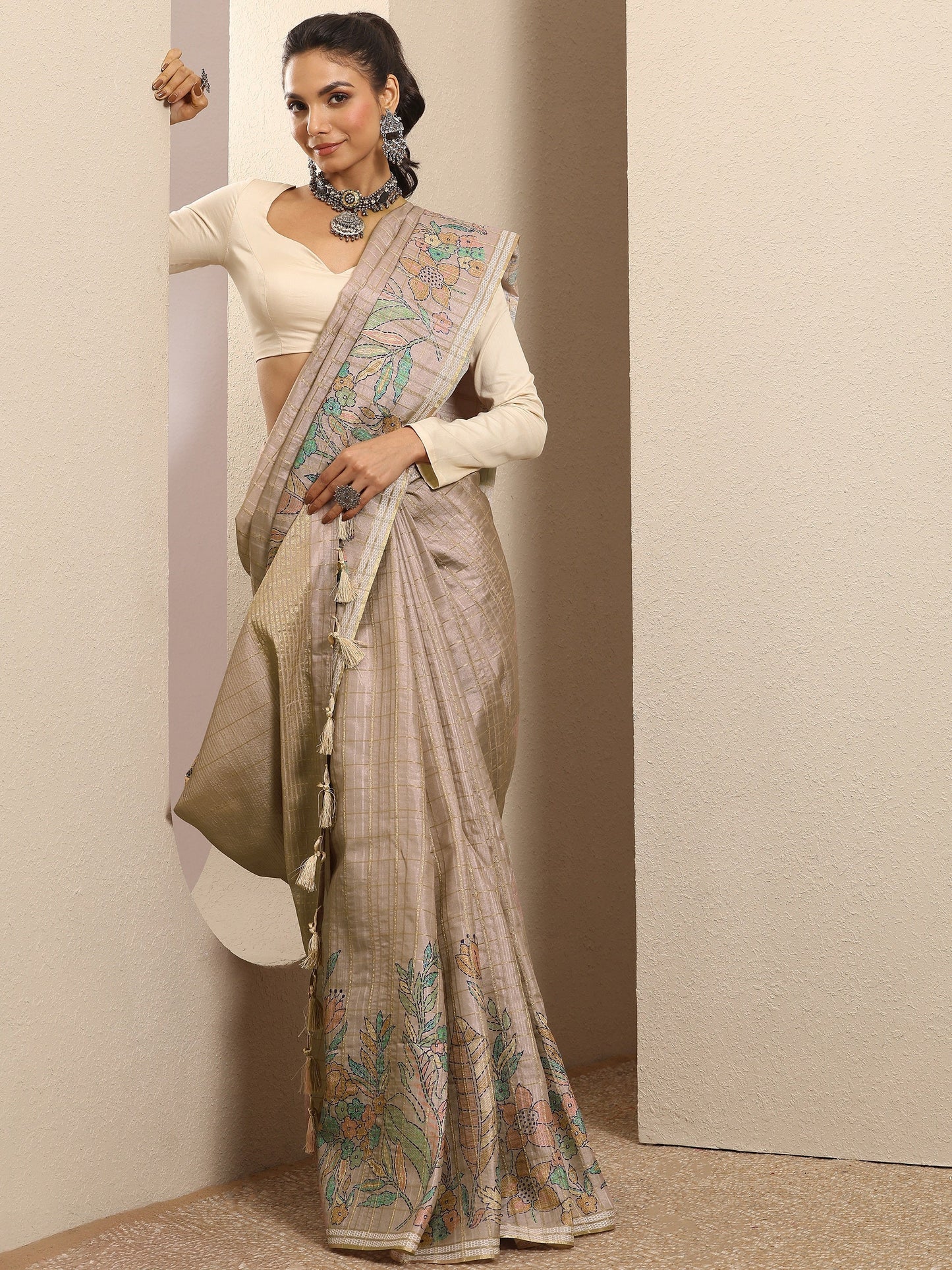 Libas Beige Printed Silk Blend Saree With Unstitched Blouse Piece