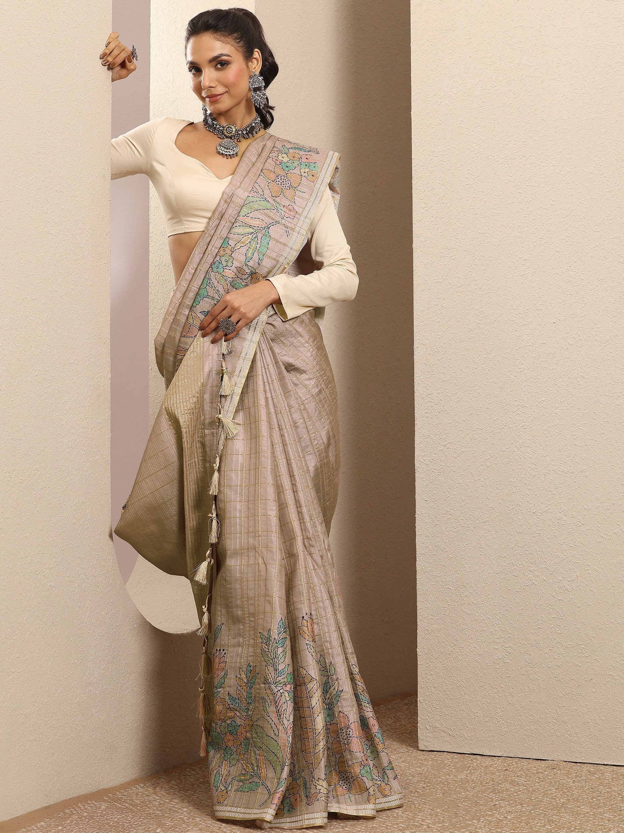 Libas Beige Printed Silk Blend Saree With Unstitched Blouse Piece