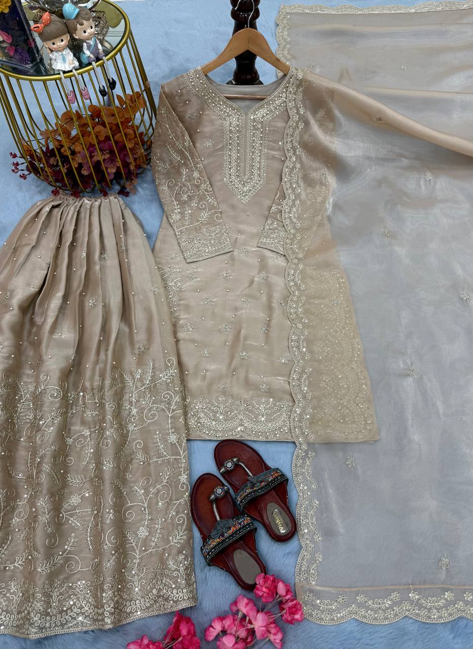 Beige Pure Organza Heavy Embroidered Kurta Palazzo Set with Sequins, Coding Dori & Moti Handwork Dupatta