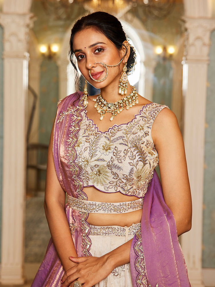 Beige Purple Viscos fabric Sequins work Semi-Stitched Lehenga choli & Dupatta