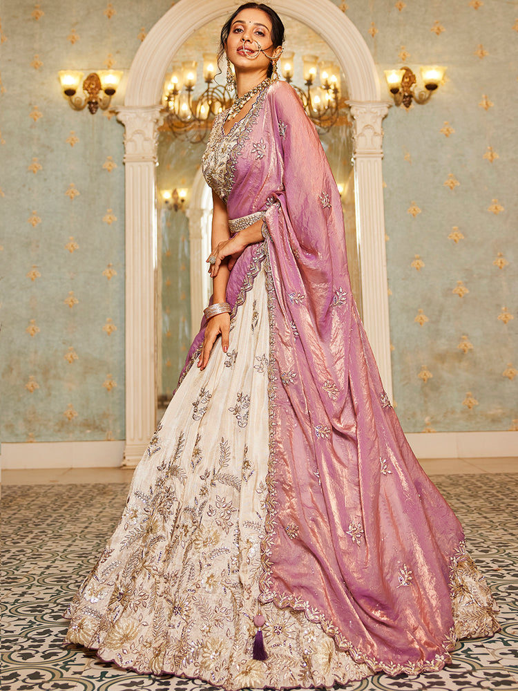 Beige Purple Viscos fabric Sequins work Semi-Stitched Lehenga choli & Dupatta