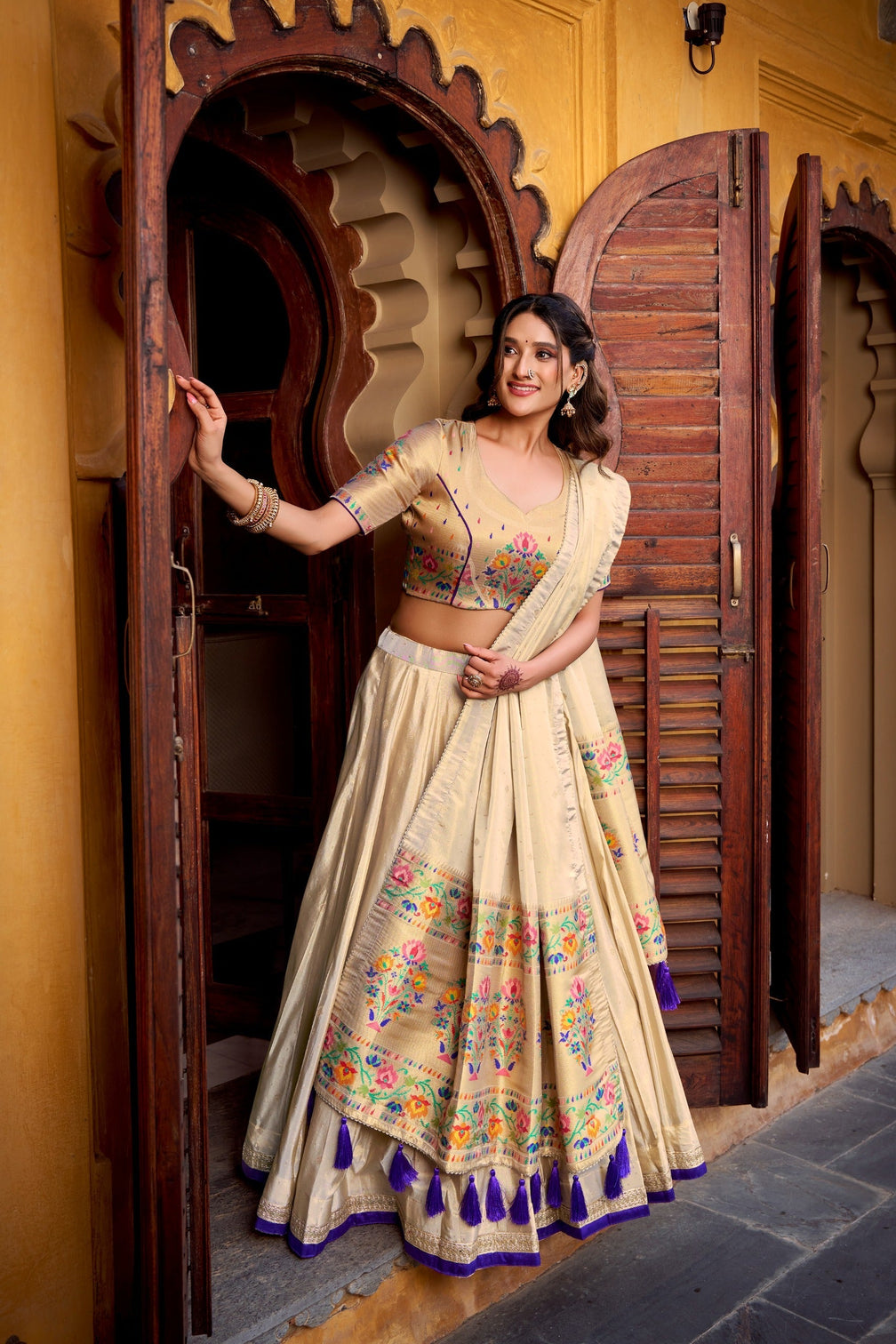 Beige Royal Gold Shimmer Paithani Zari Weaving Lehenga Choli Set with Tassel Dupatta – Stitched Ensemble with Canvas & Can-can Flair