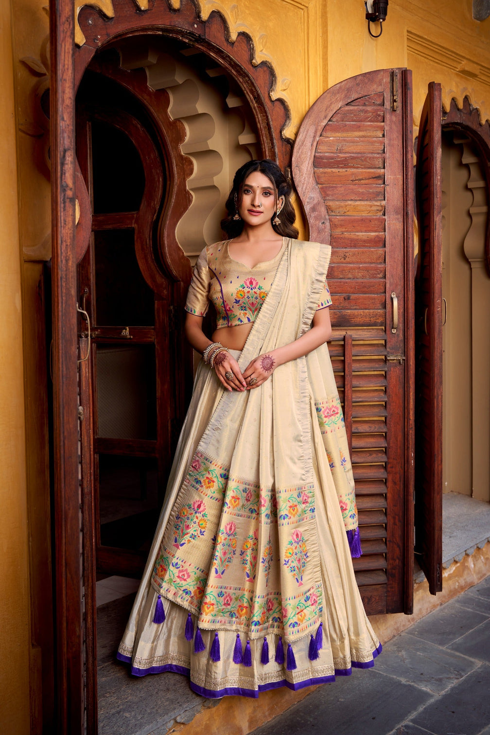 Beige Royal Gold Shimmer Paithani Zari Weaving Lehenga Choli Set with Tassel Dupatta – Stitched Ensemble with Canvas & Can-can Flair