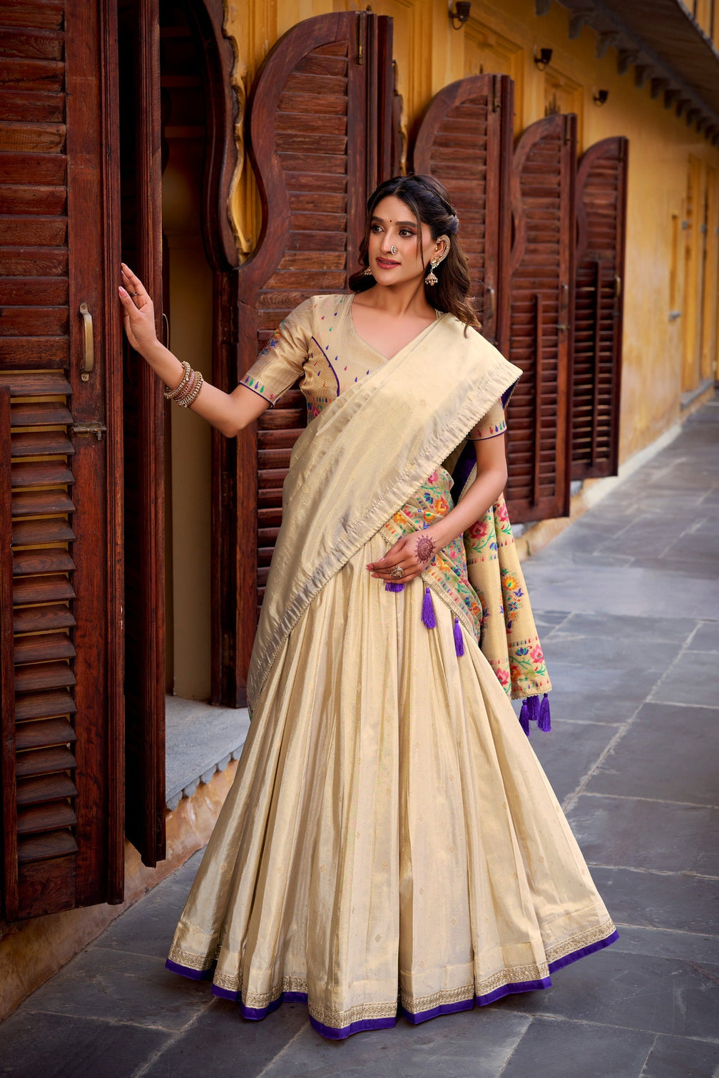 Beige Royal Gold Shimmer Paithani Zari Weaving Lehenga Choli Set with Tassel Dupatta – Stitched Ensemble with Canvas & Can-can Flair