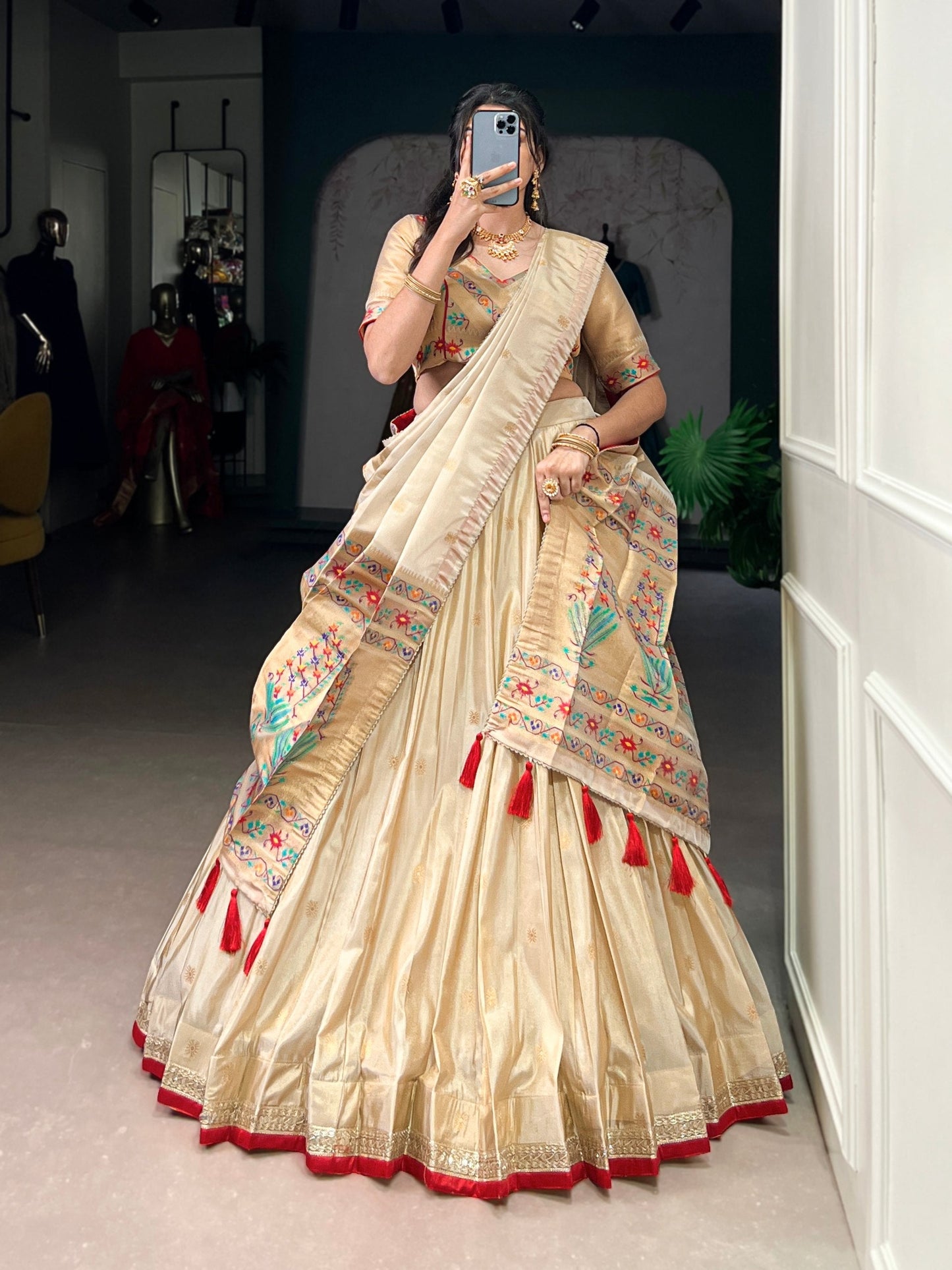 Beige Royal Gold Shimmer Paithani Zari Weaving Lehenga Choli Set with Tassel Dupatta – Stitched Ensemble with Canvas & Can-can Flair