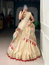 Beige Royal Gold Shimmer Paithani Zari Weaving Lehenga Choli Set with Tassel Dupatta – Stitched Ensemble with Canvas & Can-can Flair