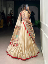 Beige Royal Gold Shimmer Paithani Zari Weaving Lehenga Choli Set with Tassel Dupatta – Stitched Ensemble with Canvas & Can-can Flair