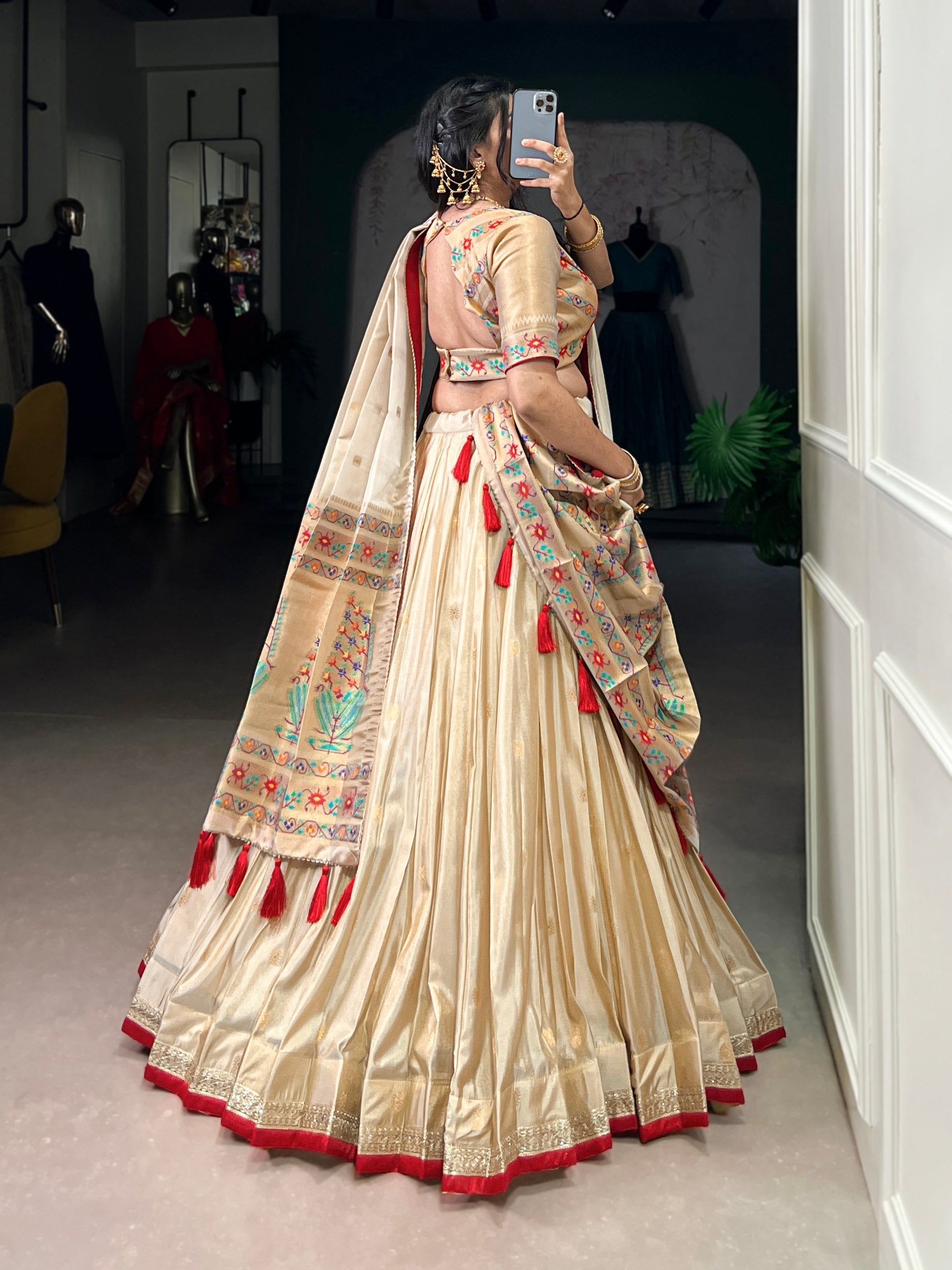 Beige Royal Gold Shimmer Paithani Zari Weaving Lehenga Choli Set with Tassel Dupatta – Stitched Ensemble with Canvas & Can-can Flair