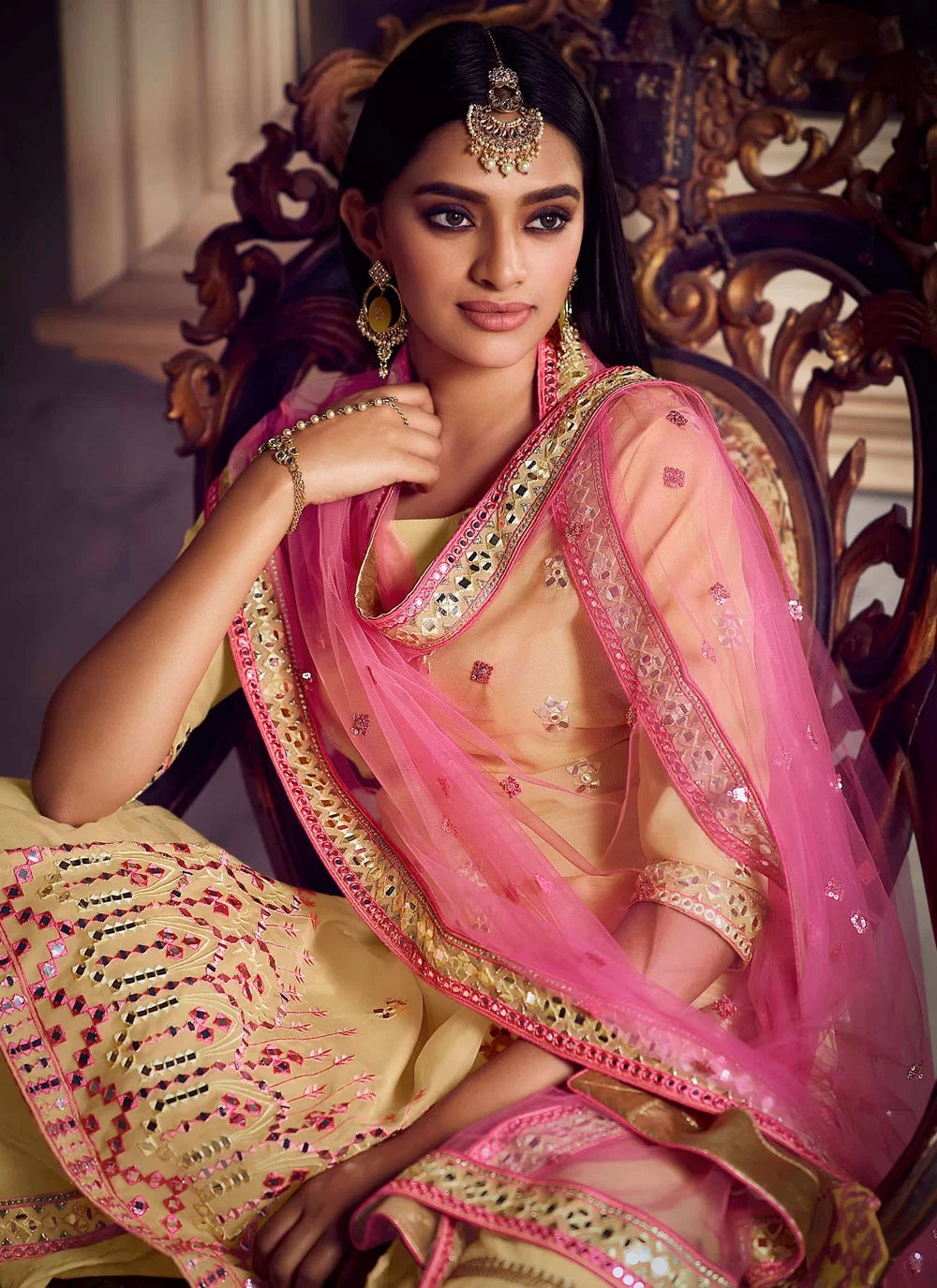 Beige soft net foil mirror work suit in sharara pattern
