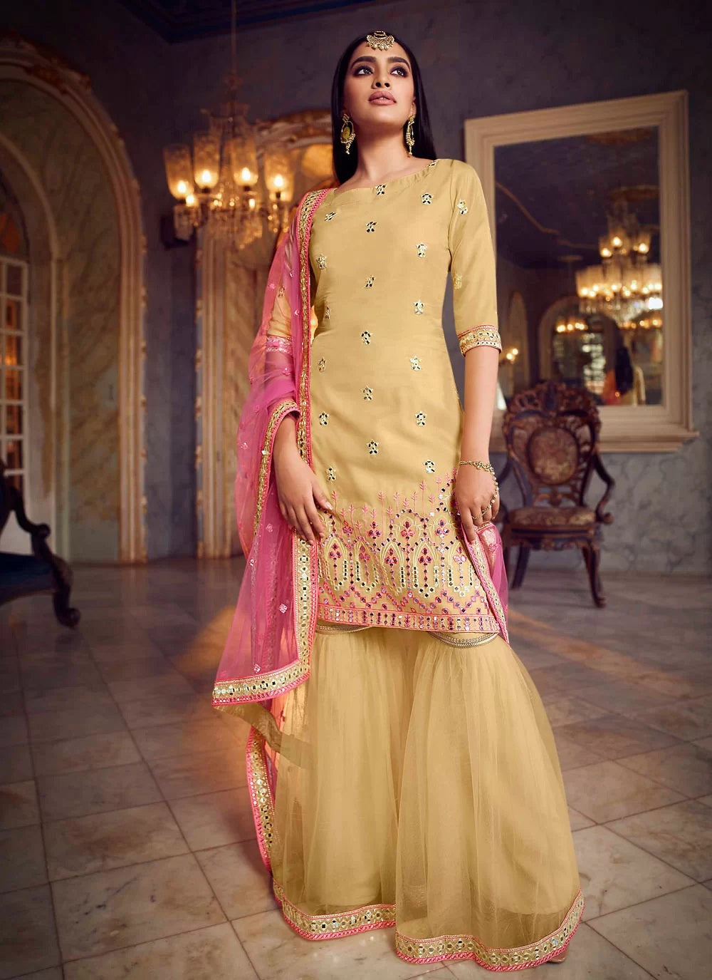 Beige soft net foil mirror work suit in sharara pattern