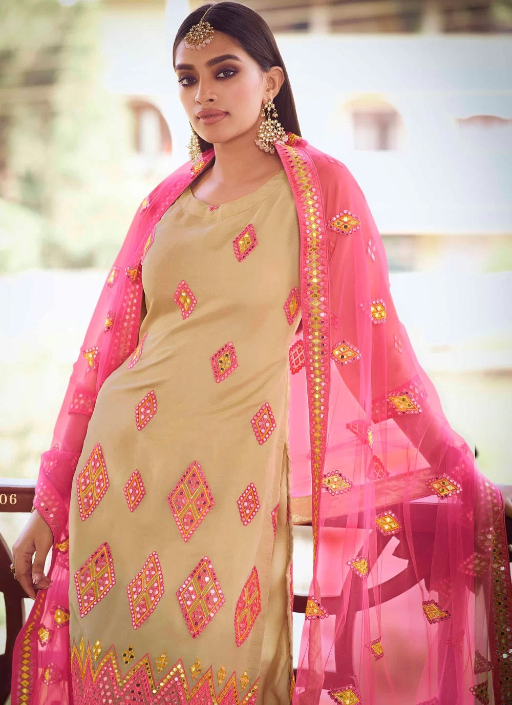 Beige soft net sharara suits online