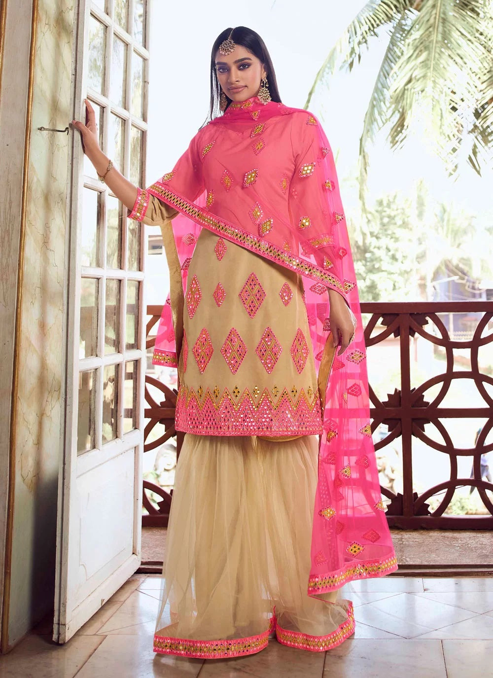 Beige soft net sharara suits online