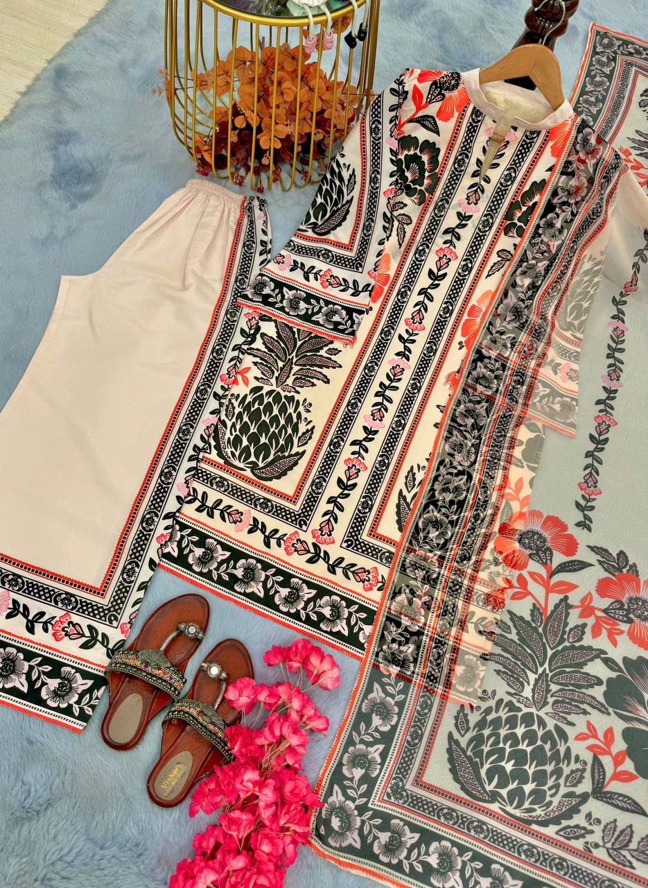 Beige Trendy Pure American Crepe Digital Print Co-Ord Set with Chiffon Georgette Dupatta