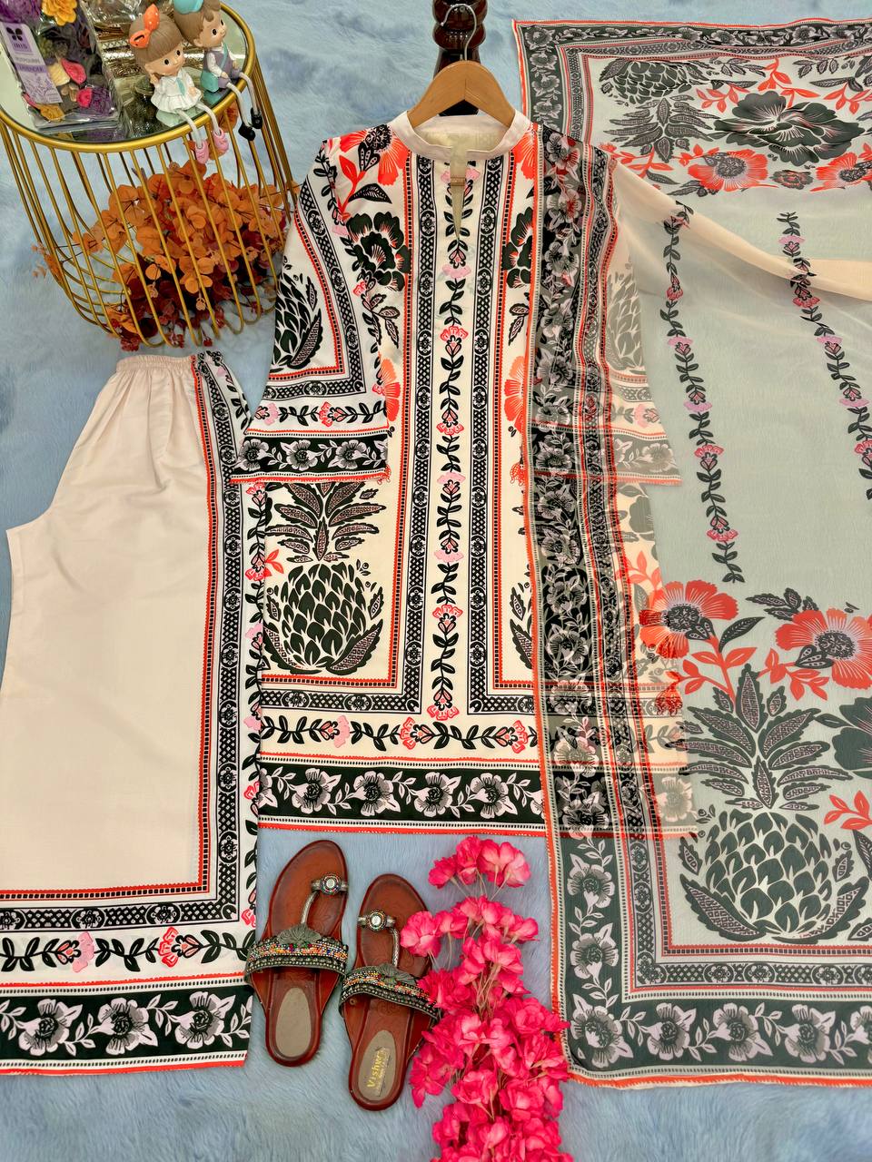 Beige Trendy Pure American Crepe Digital Print Co-Ord Set with Chiffon Georgette Dupatta