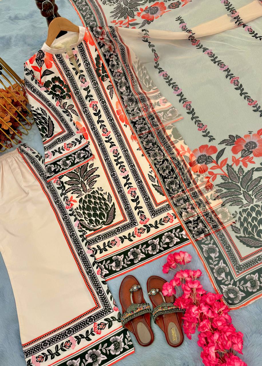 Beige Trendy Pure American Crepe Digital Print Co-Ord Set with Chiffon Georgette Dupatta