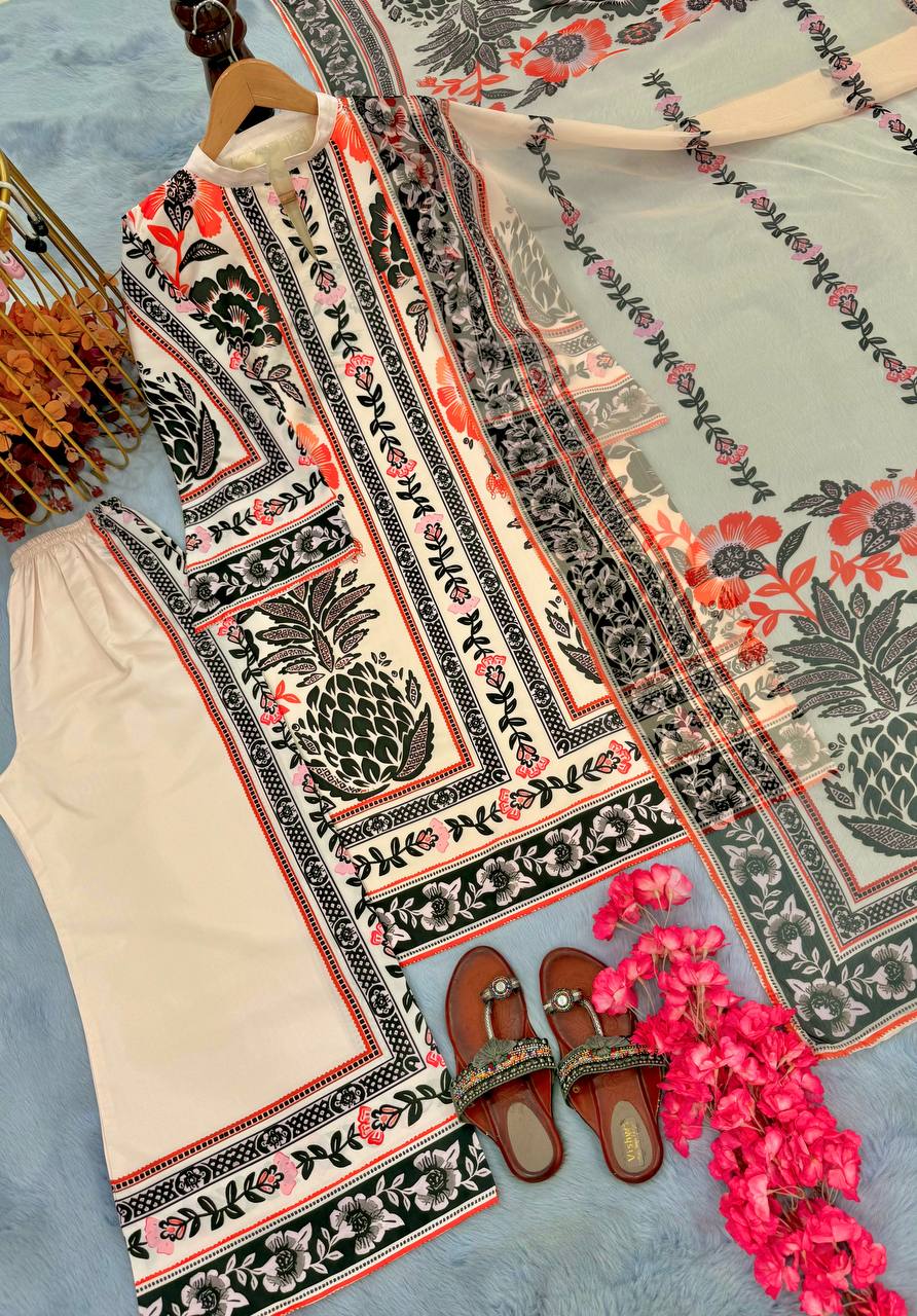 Beige Trendy Pure American Crepe Digital Print Co-Ord Set with Chiffon Georgette Dupatta